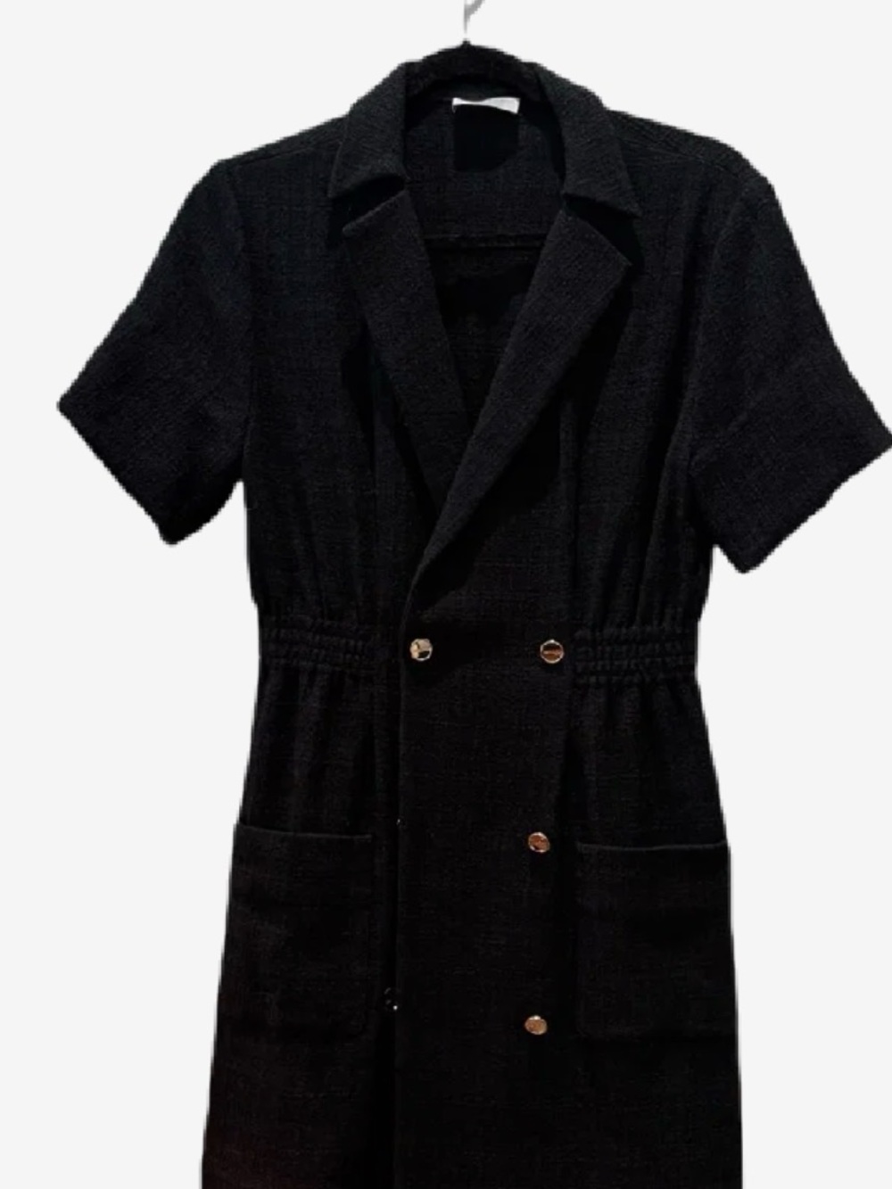 Sandro Black Short-Sleeve Double-Breasted Blazer Dress with Gold Buttons